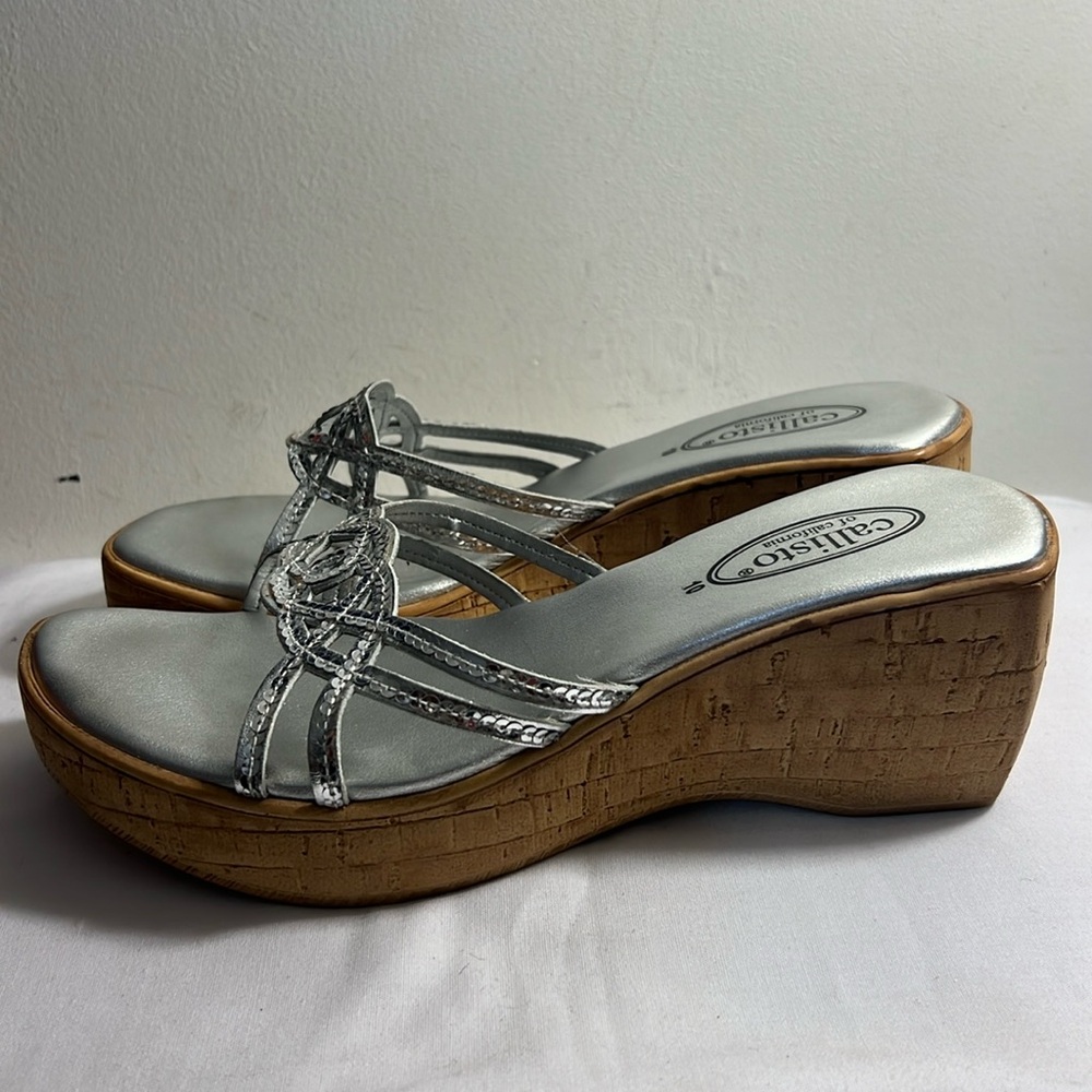 PRE0WNED CALLISTO OF CALIFORNIA SILVER WEDGE SANDALS WOMAN SIZE EUR 40 US 9.5